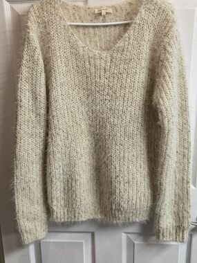 ANGL Cream Fuzzy Scoop Neck Sweater